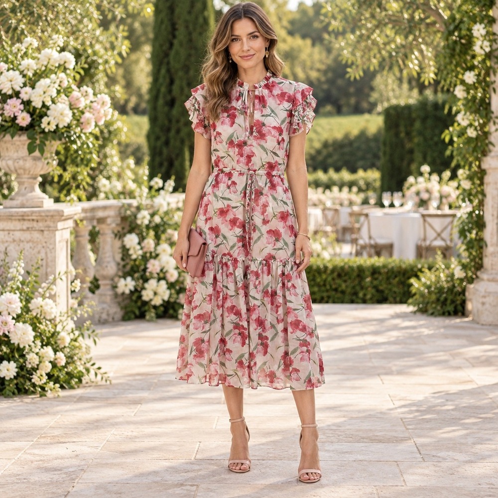 MISA Los Angeles Floral Midi Dress Pink Red Ruffle Tiered Cottagecore XS